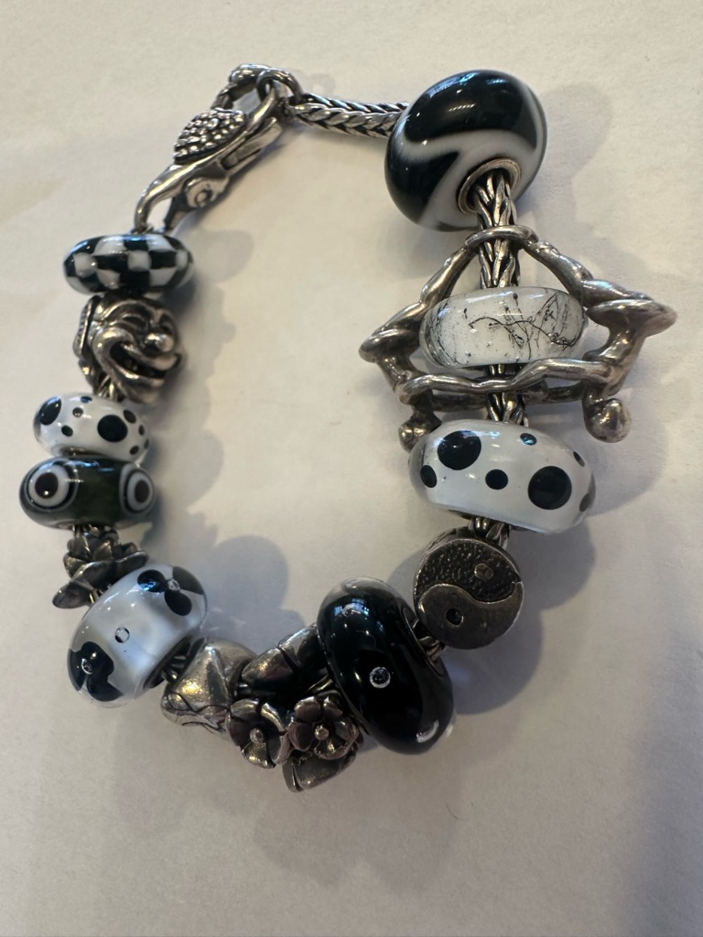 Troll Beads Silver Black & White Glass Bead Charm Bracelet - Women's Jewelry